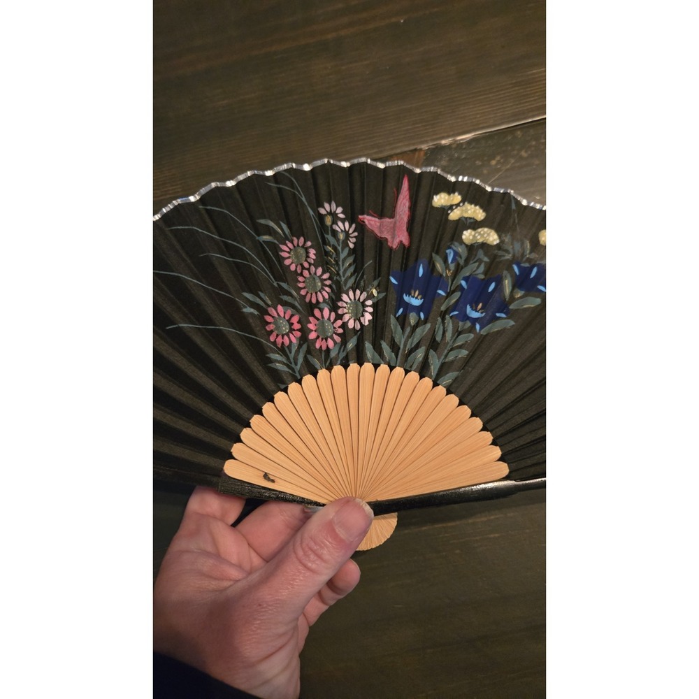 Vintage Delicate Hand Painted Black Folding Hand Fan Made In Japan 13" Butterfly